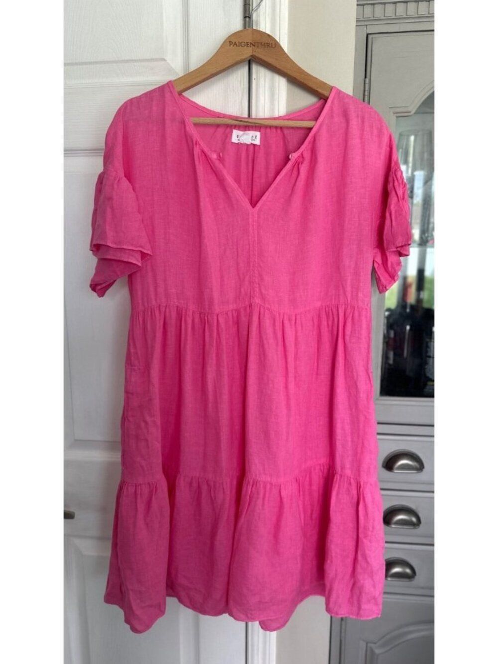 Velvet Small 100% Linen Ruffle Mini Dress in Tahini Pink Pockets Boho Oversize